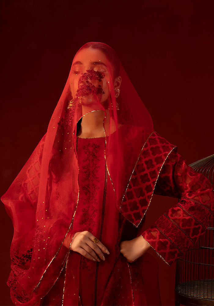 A woman beneath a red organza veil