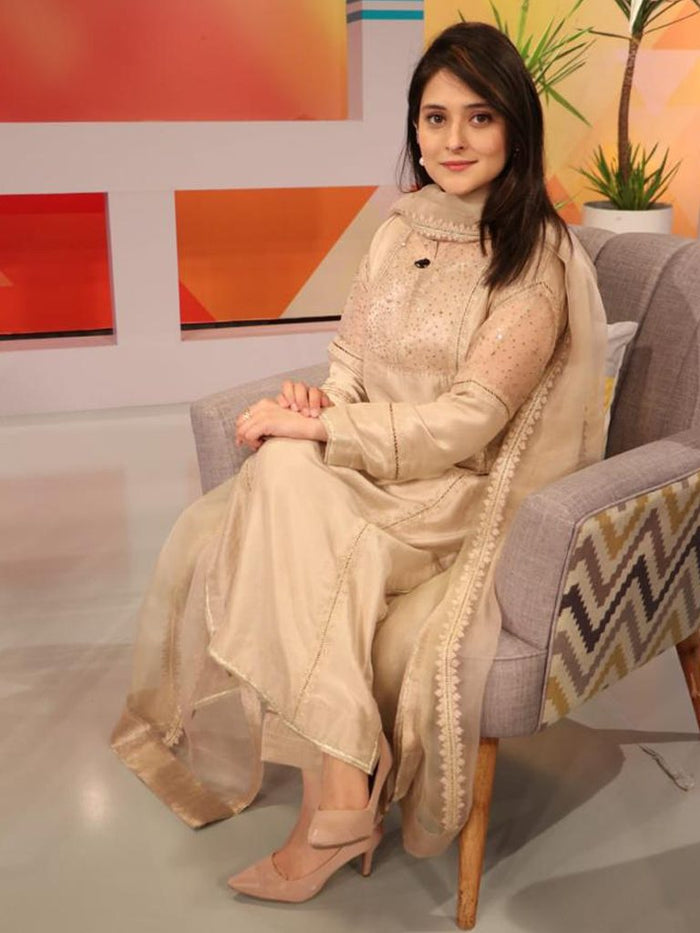 Sabeen Farooq wearing Pastel ensemble by Virsaay