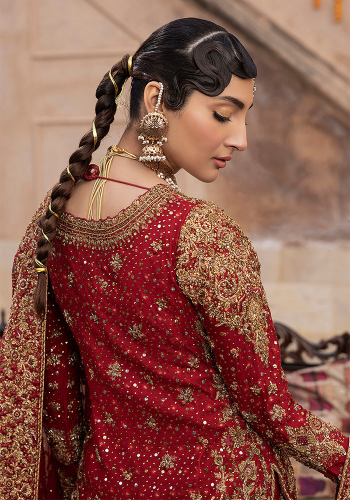 A Virasat bride seen from behind, her braid over red embroidery